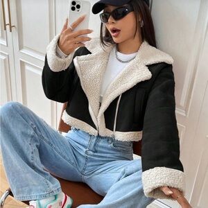 Women's Teddy Lined Zip Up Moto Jacket With Large Collar In Fall/Winter